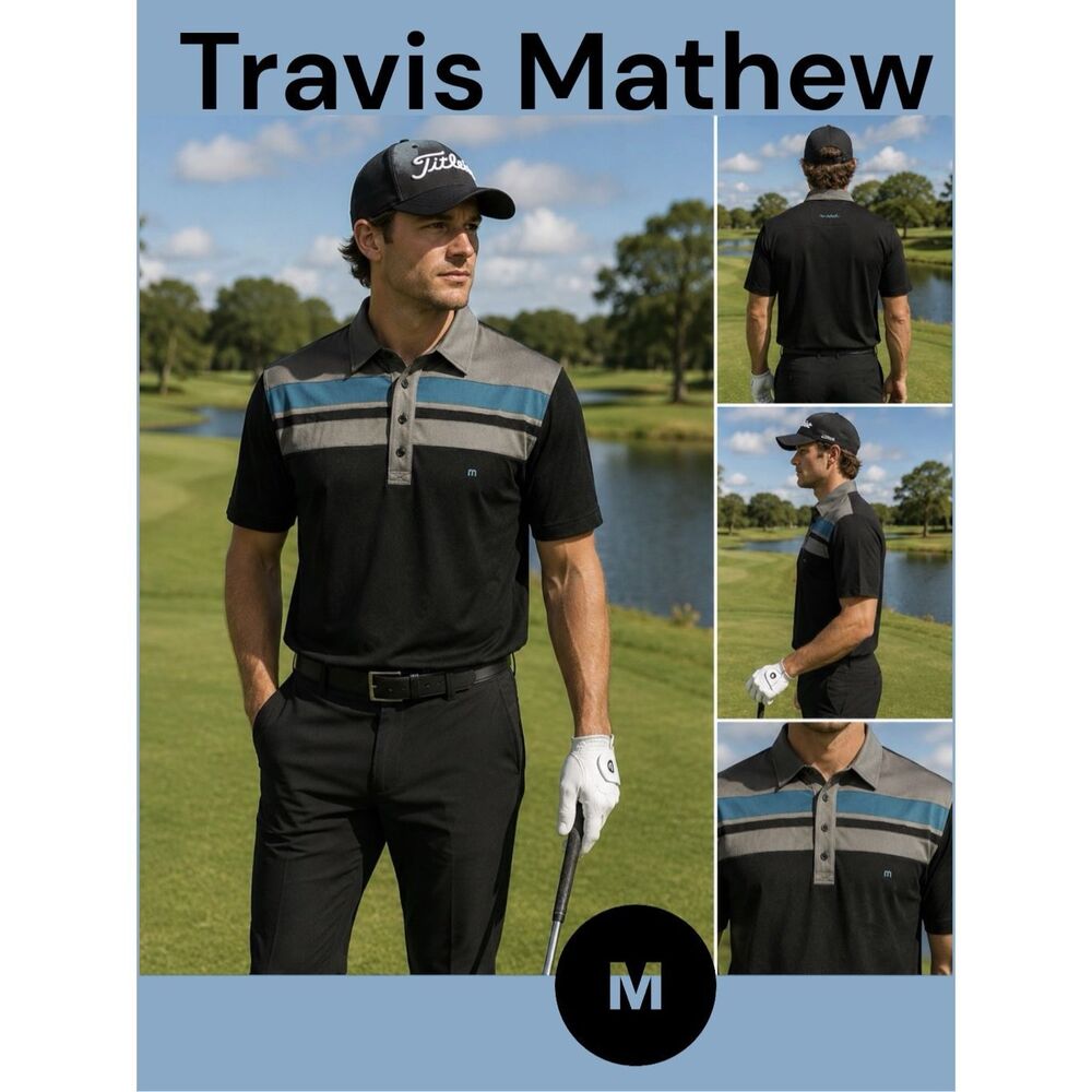 Travis Mathew Men's Striped Short Sleeve Golf Polo Shirt Black Gray Medium